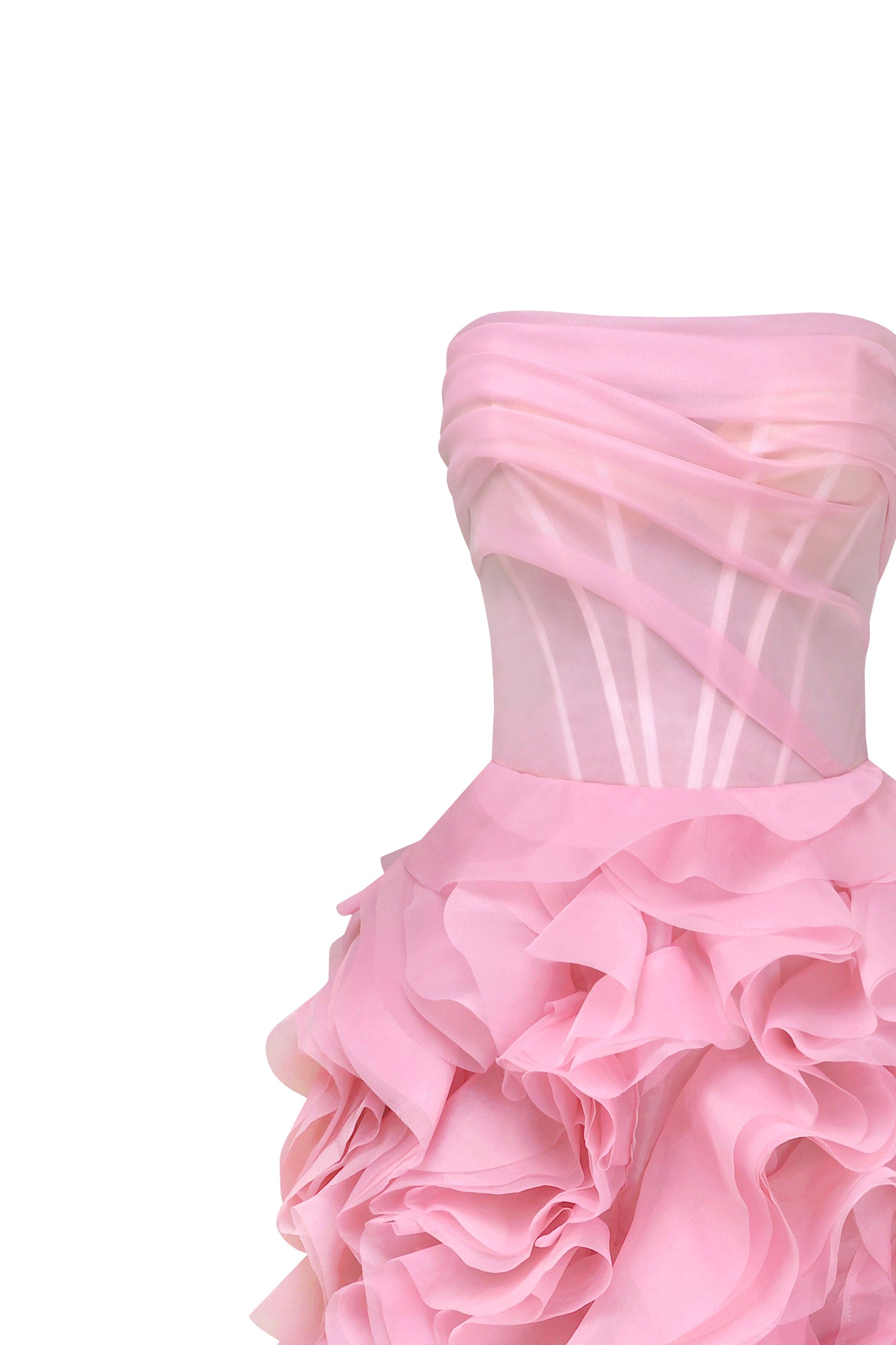 Strapless pink maxi dress with draped bodice and cascading rose appliques on skirt — Milla | Endless UAE