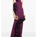 Burgundy halter gown with ruffled appliqué detailing on sides — Greta Constantine | Endless UAE