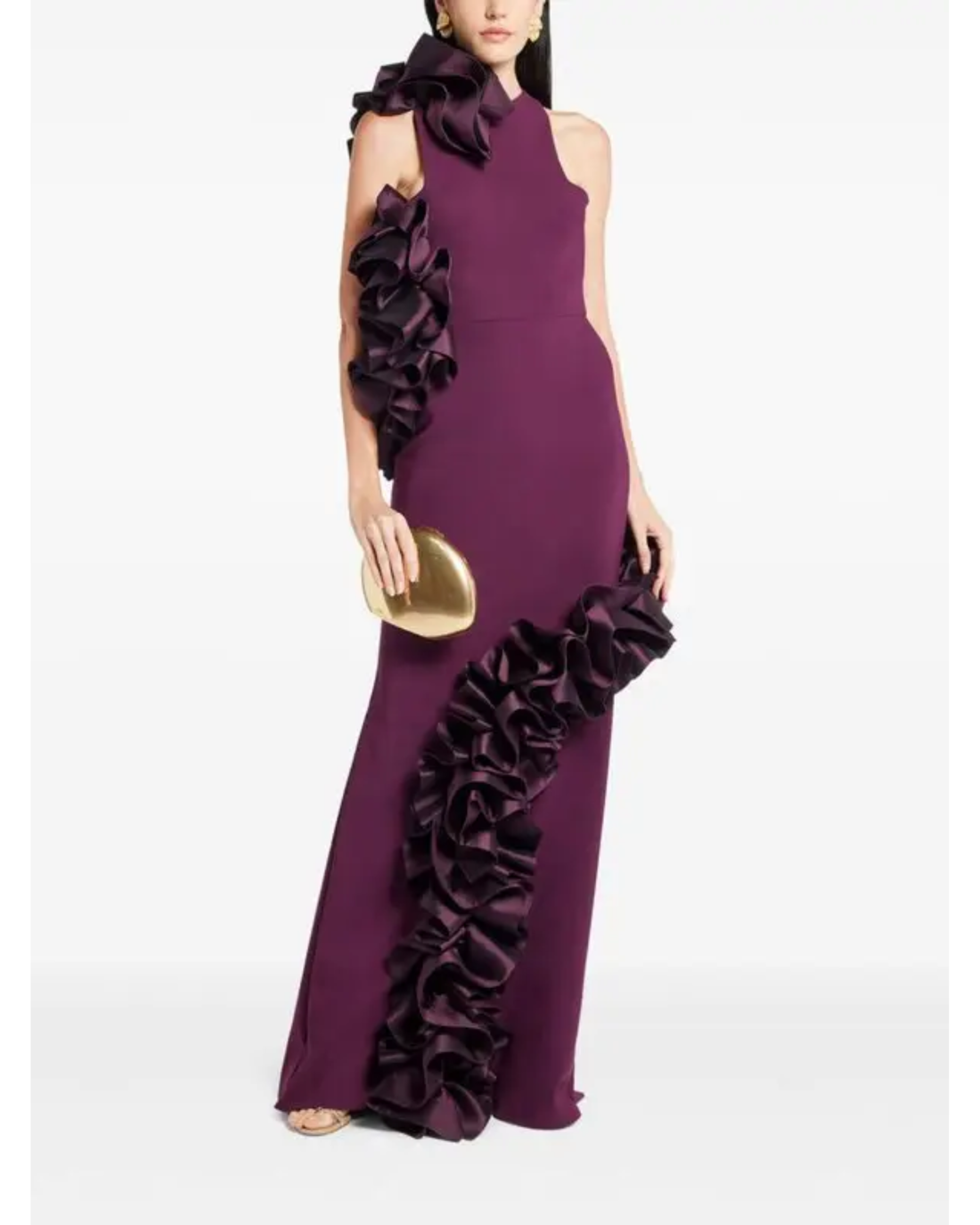 Burgundy halter gown with ruffled appliqué detailing on sides — Greta Constantine | Endless UAE