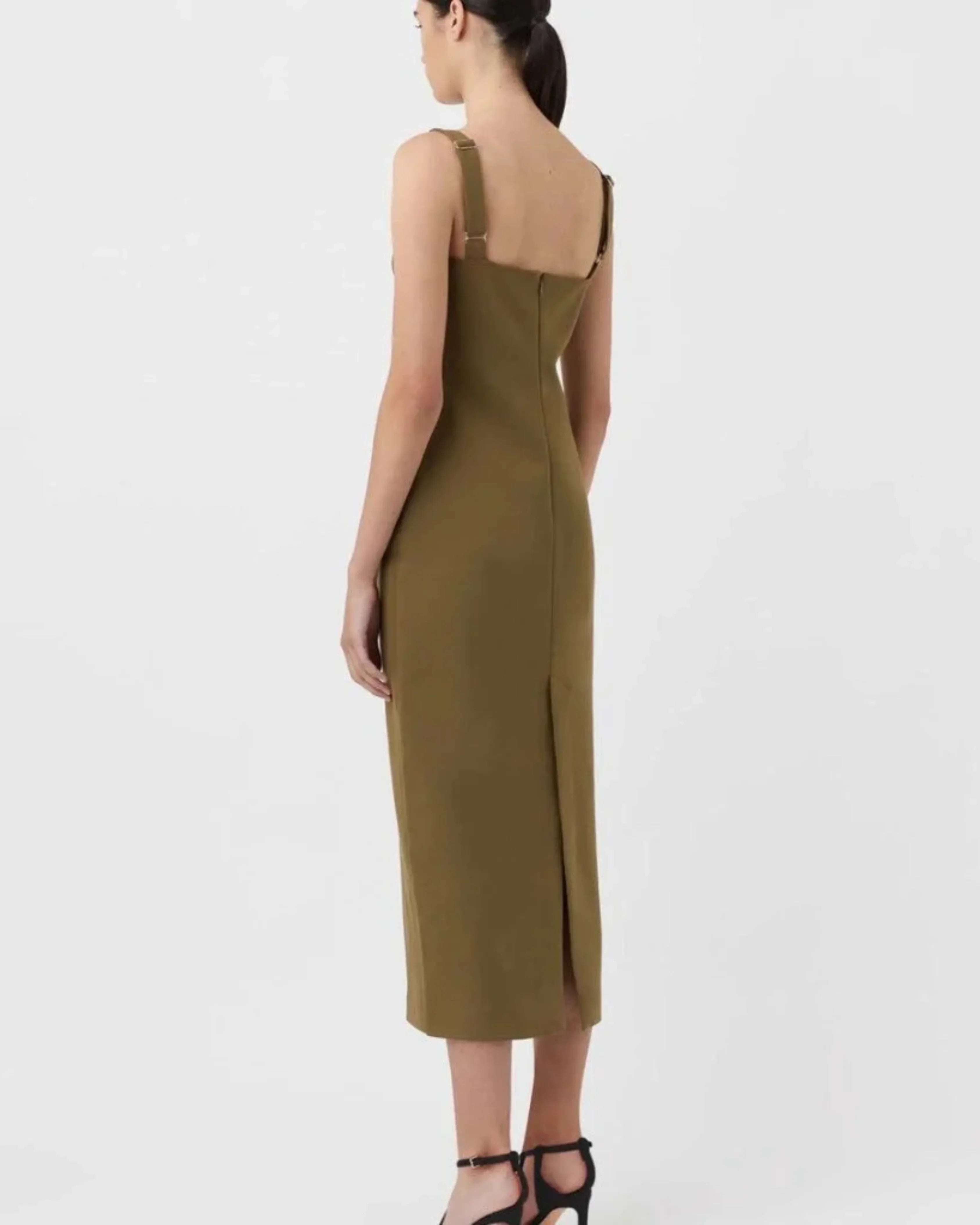 Olive green sleeveless midi dress with sweetheart neckline and keyhole cutout — Camilla & Marc | Endless UAE