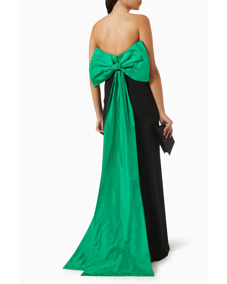 Black strapless maxi gown with dramatic oversized green bow detail at back in silk taffeta and stretch crepe — Jovani | Endless UAE