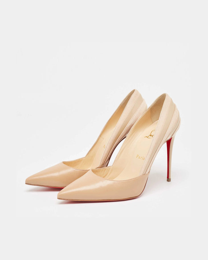 Nude patent leather pointed-toe pumps with signature red sole and high stiletto heel — Christian Louboutin | Endless UAE