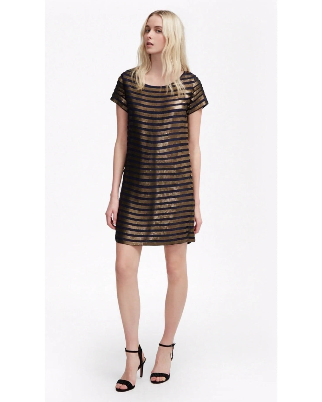 Woman wearing black and gold striped sequin shift dress with short sleeves — French Connection | Endless UAE