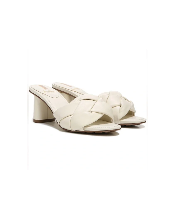 Ivory braided leather slide sandals with block heel on white background — Sam Edelman | Endless UAE