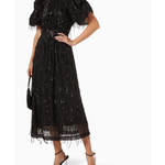 Black sequin midi dress with puff sleeves and fringed hem — Rotate Birger Christensen | Endless UAE
