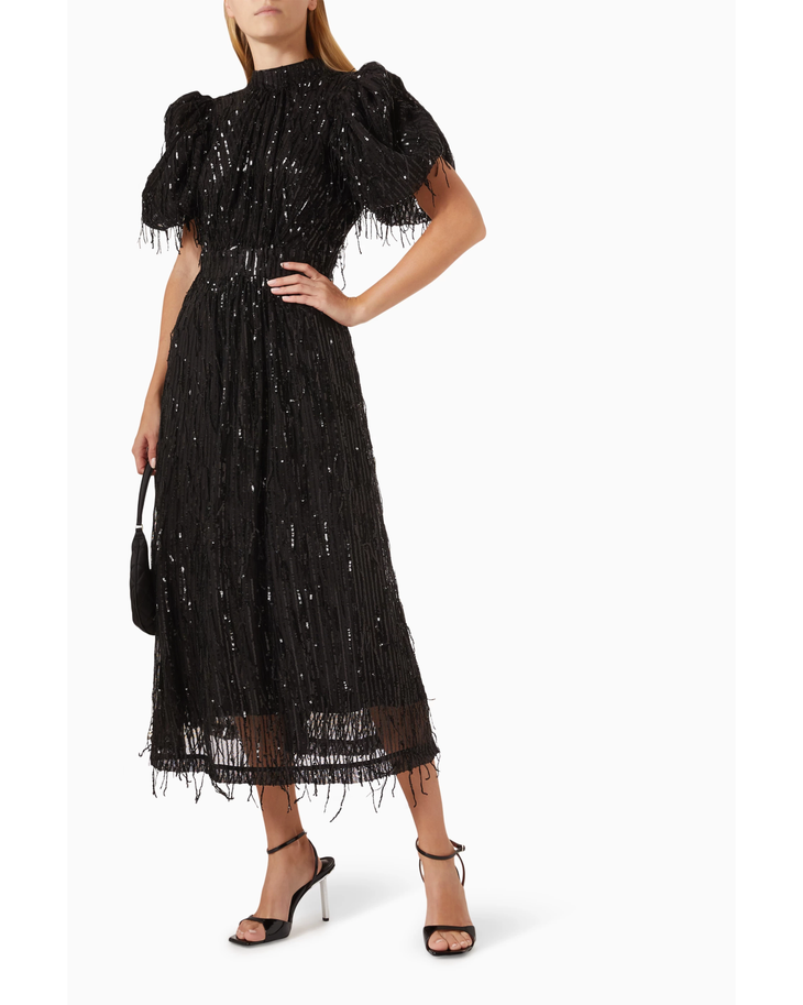 Black sequin midi dress with puff sleeves and fringed hem — Rotate Birger Christensen | Endless UAE