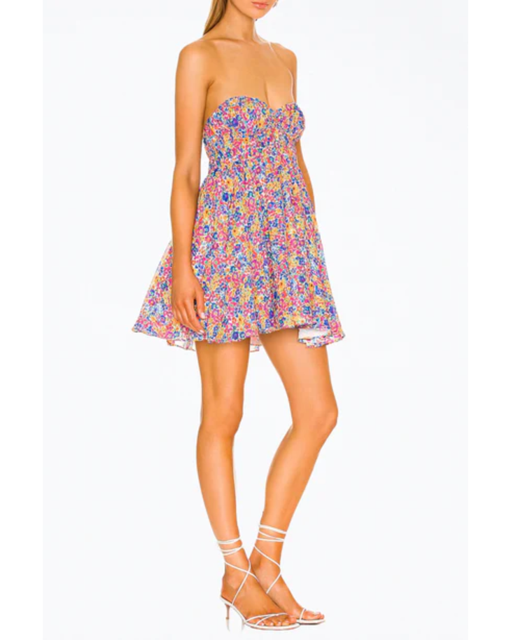 Colorful floral-print bustier mini dress with sweetheart neckline and flared skirt — For Love & Lemons | Endless UAE