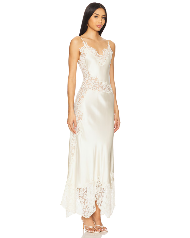 Ivory lace midi dress with V-neckline and asymmetrical hem — House of Harlow 1960 | Endless UAE