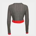 Black geometric patterned crop cardigan with red waistband and cuffs — Bottega Veneta | Endless UAE
