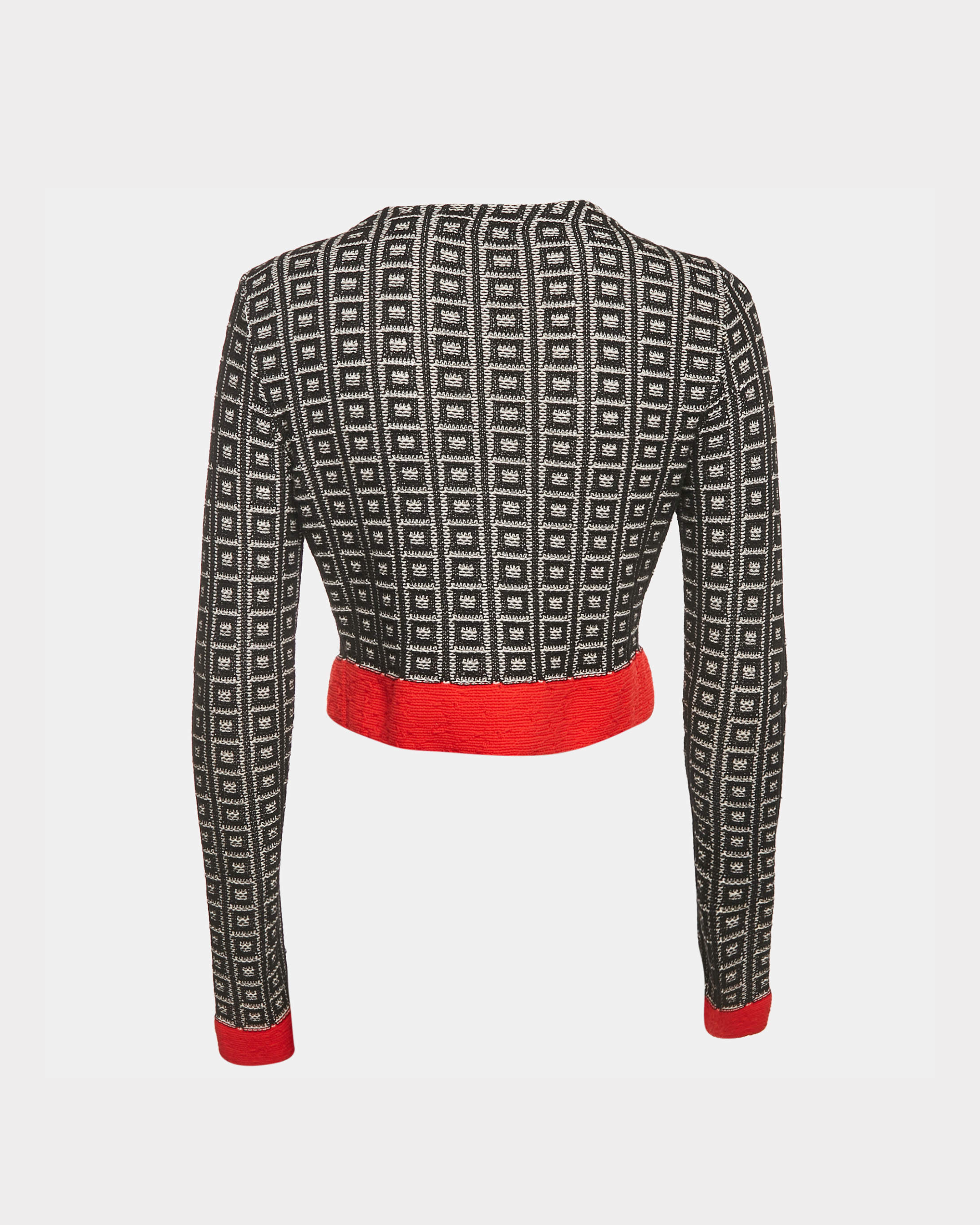 Black geometric patterned crop cardigan with red waistband and cuffs — Bottega Veneta | Endless UAE