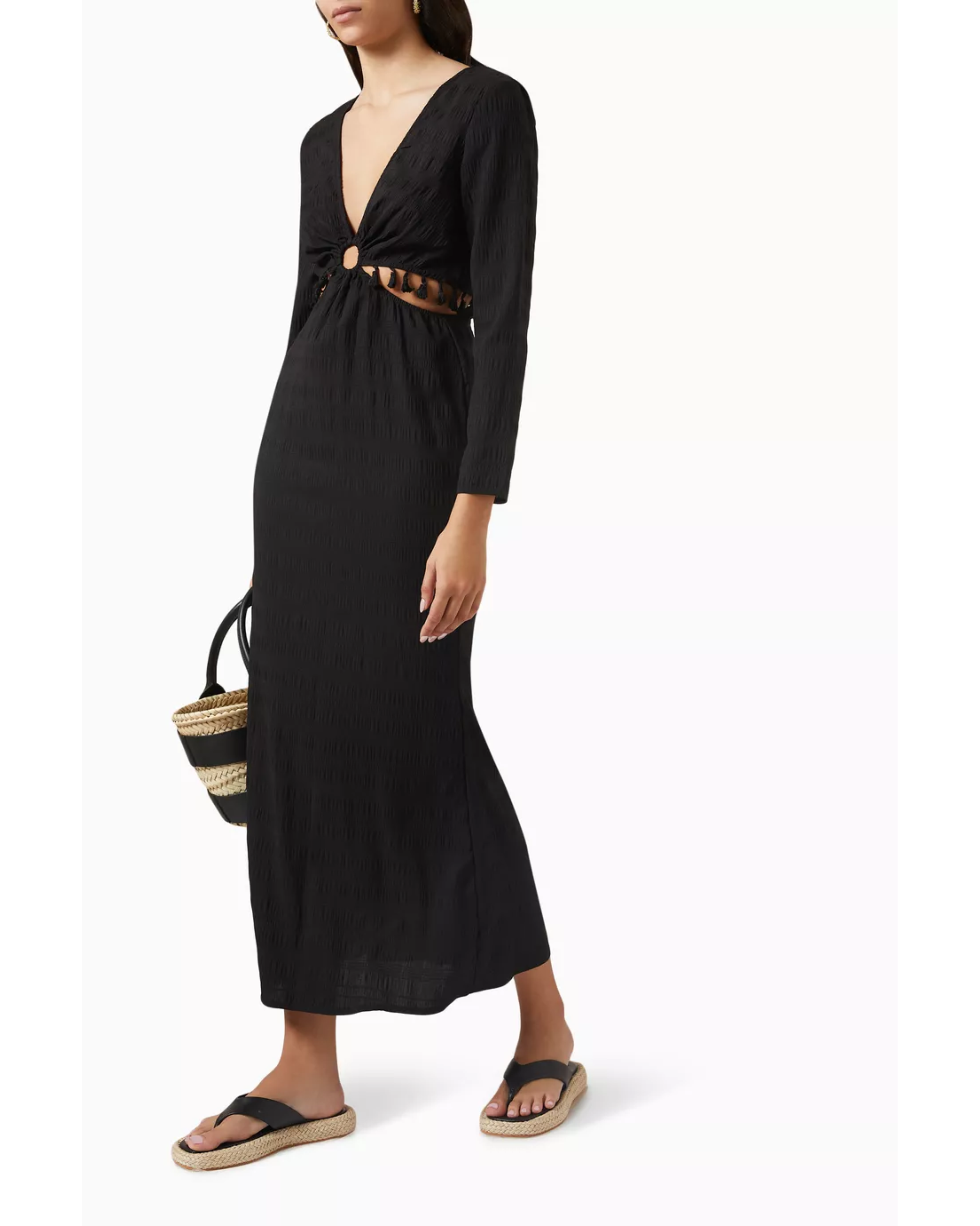 Black maxi dress with plunging neckline, tortoise shell ring detail, long sleeves and relaxed fit — Never Fully Dressed | Endless UAE