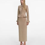 Woman wearing a beige knit midi dress with crystal trim detailing and matching cropped jacket — Self-Portrait | Endless UAE