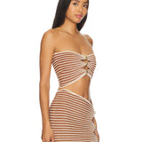 Brown and white striped strapless co-ord set with cutout details and gold button accents — Retrofete | Endless UAE