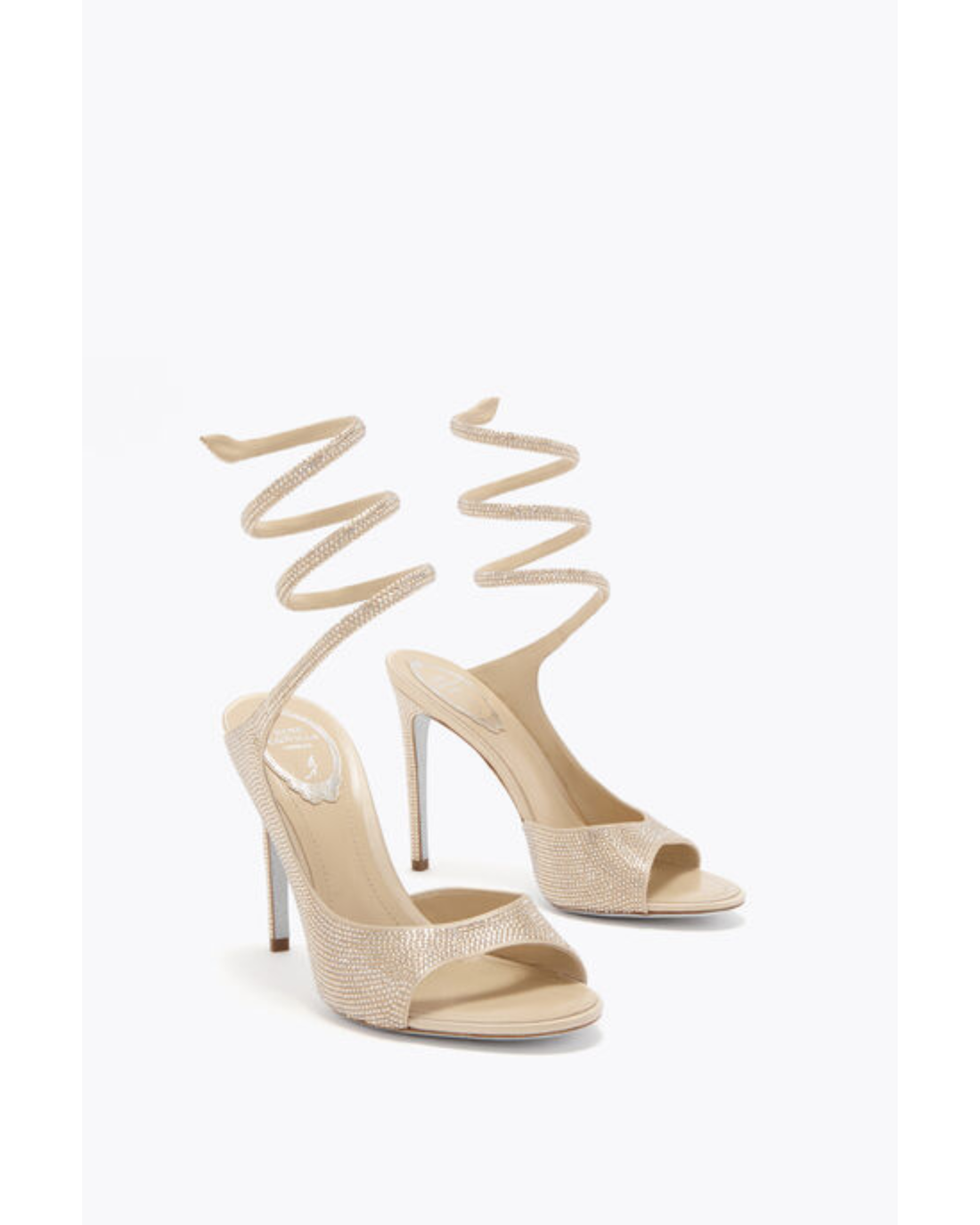 Gold embellished high heel sandals with spiral ankle wrap straps — René Caovilla | Endless UAE
