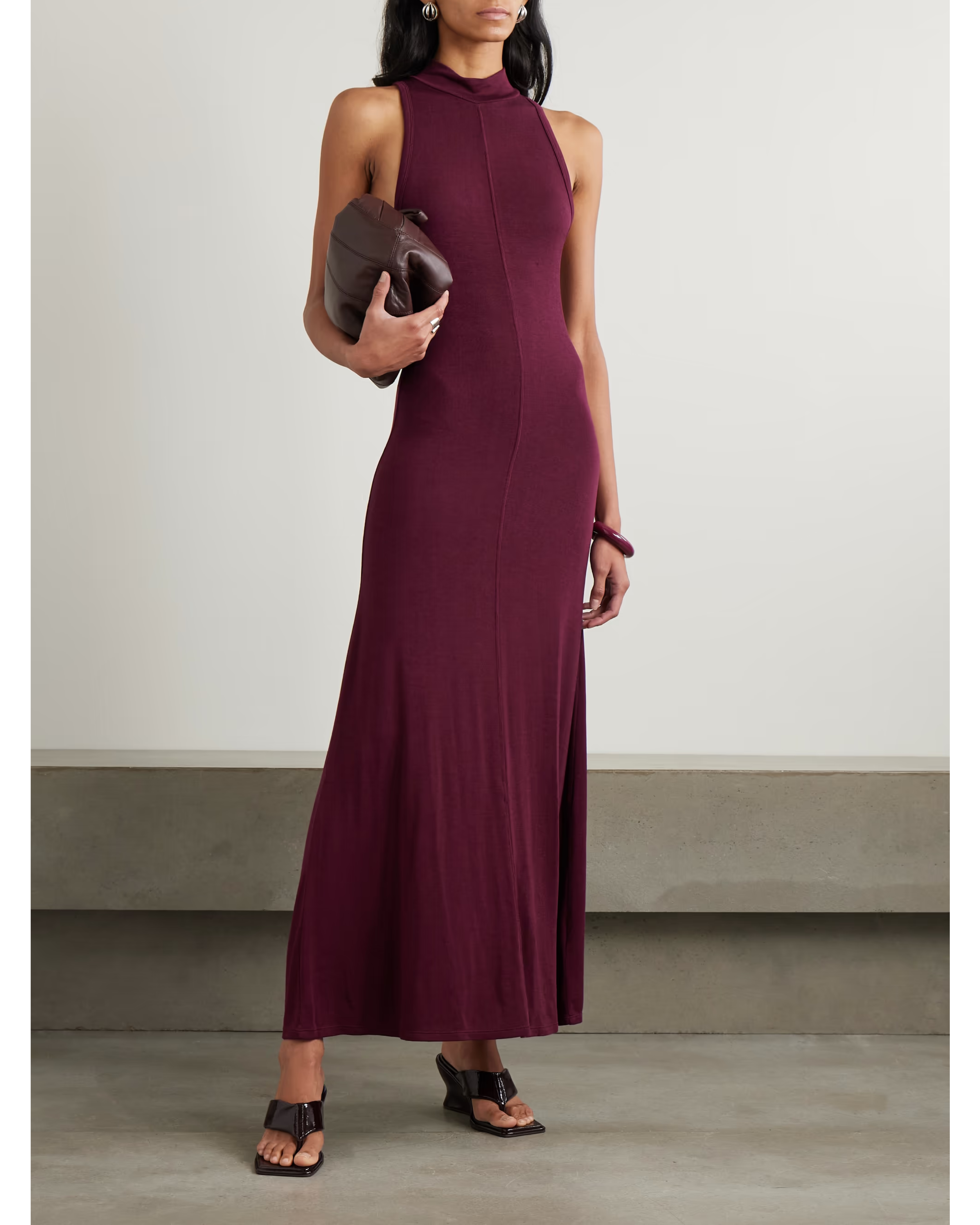 Burgundy sleeveless hooded maxi dress in Tencel Lyocell blend jersey — St Agni | Endless UAE