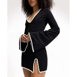Black V-neck mini dress with pearl trim and bell sleeves — Khanum's | Endless UAE