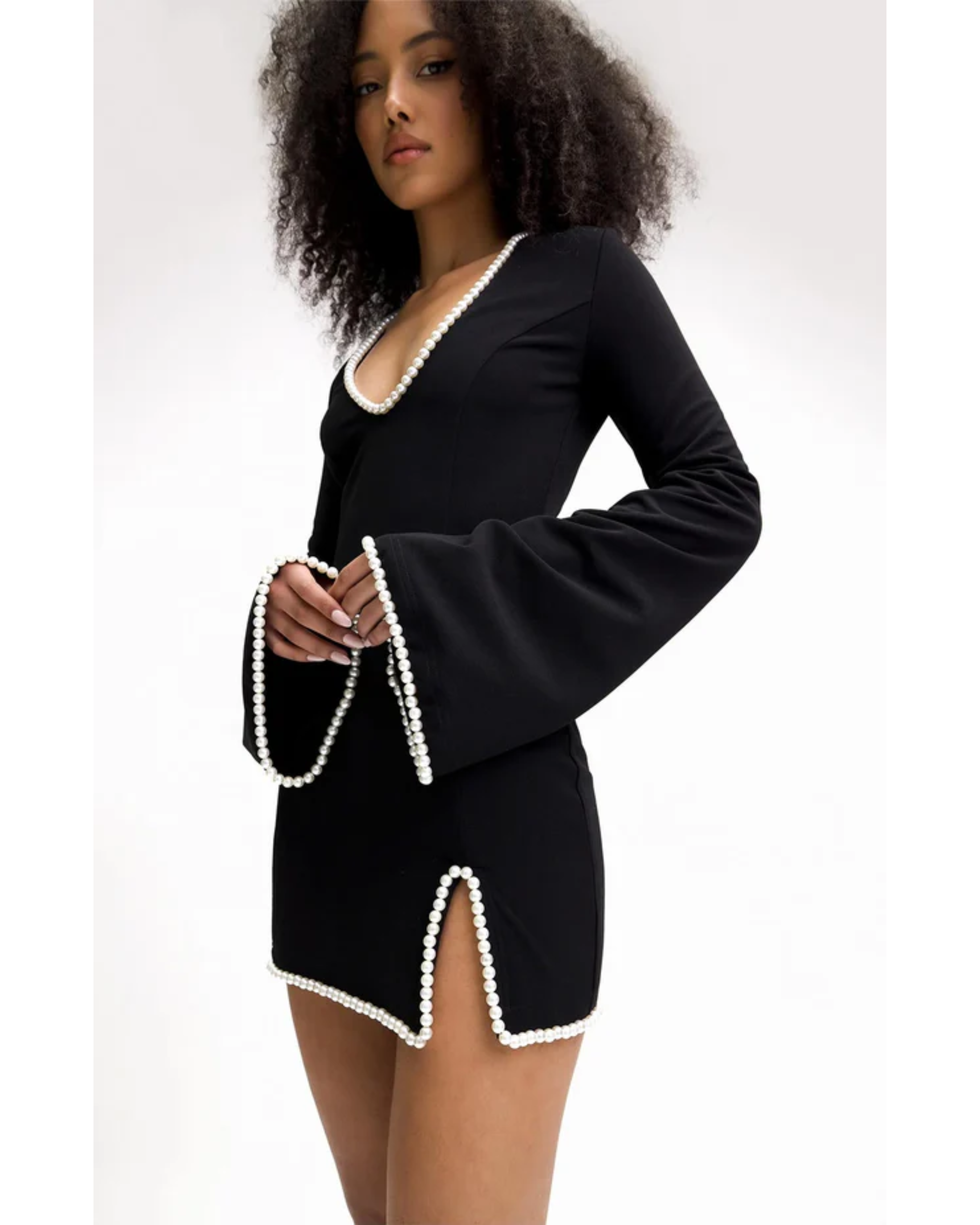 Black V-neck mini dress with pearl trim and bell sleeves — Khanum's | Endless UAE