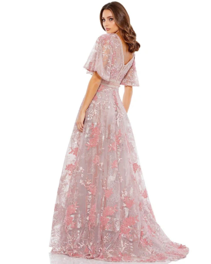 Elegant pink floral embroidered A-line gown with flutter sleeves and V-back, perfect for mother of the bride — Mac Duggal | Endless UAE