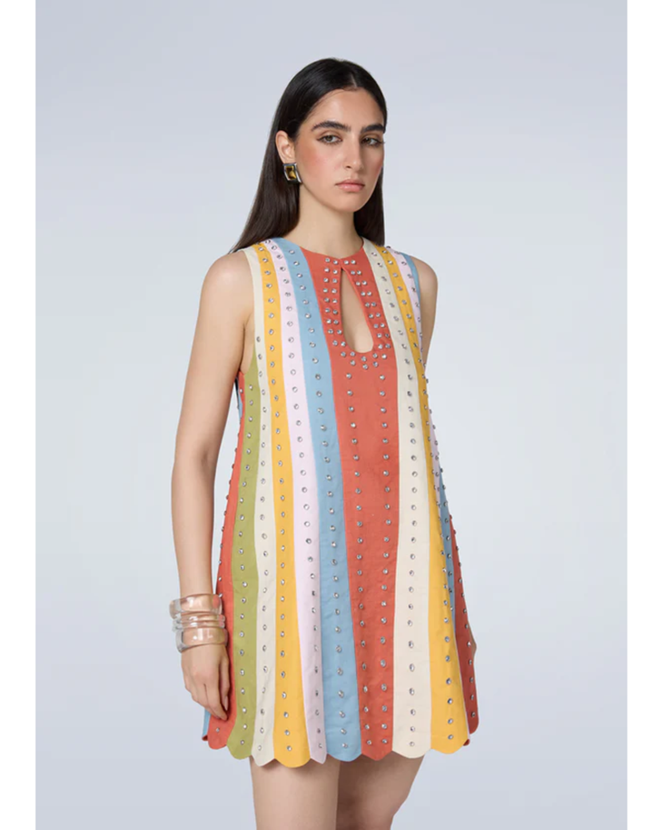 Colorful striped Niji dress with scalloped hem and keyhole neckline — Mayka | Endless UAE