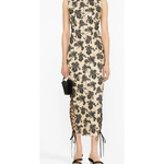 Elena Midi Dress with black leaf print, high neckline, sleeveless cut, and lace-up side details — De La Vali | Endless UAE