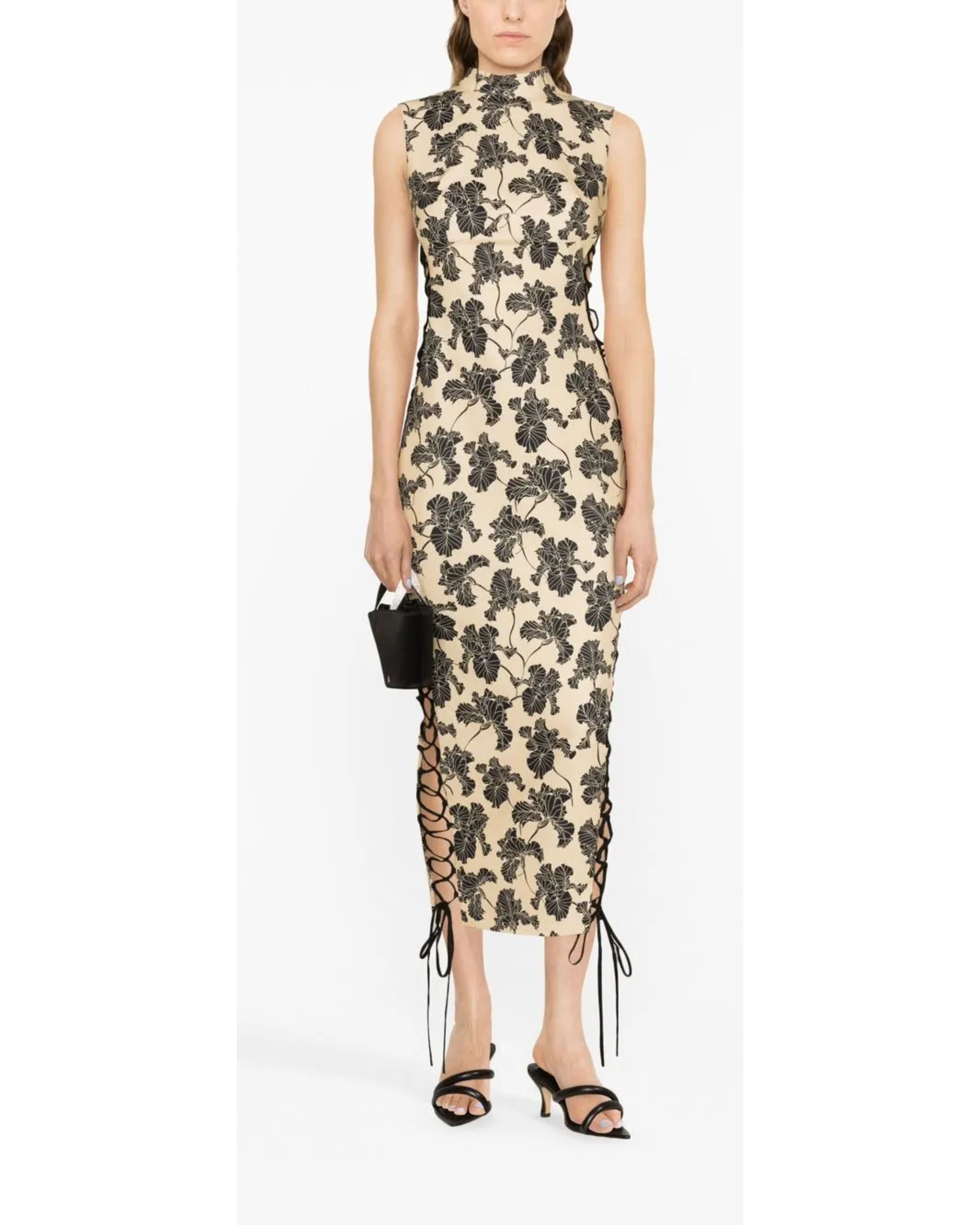 Elena Midi Dress with black leaf print, high neckline, sleeveless cut, and lace-up side details — De La Vali | Endless UAE