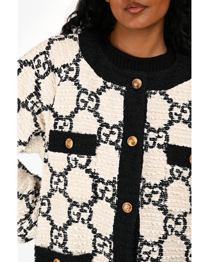 Gucci GG monogram tweed bomber jacket in cream and black with gold buttons — Gucci | Endless UAE