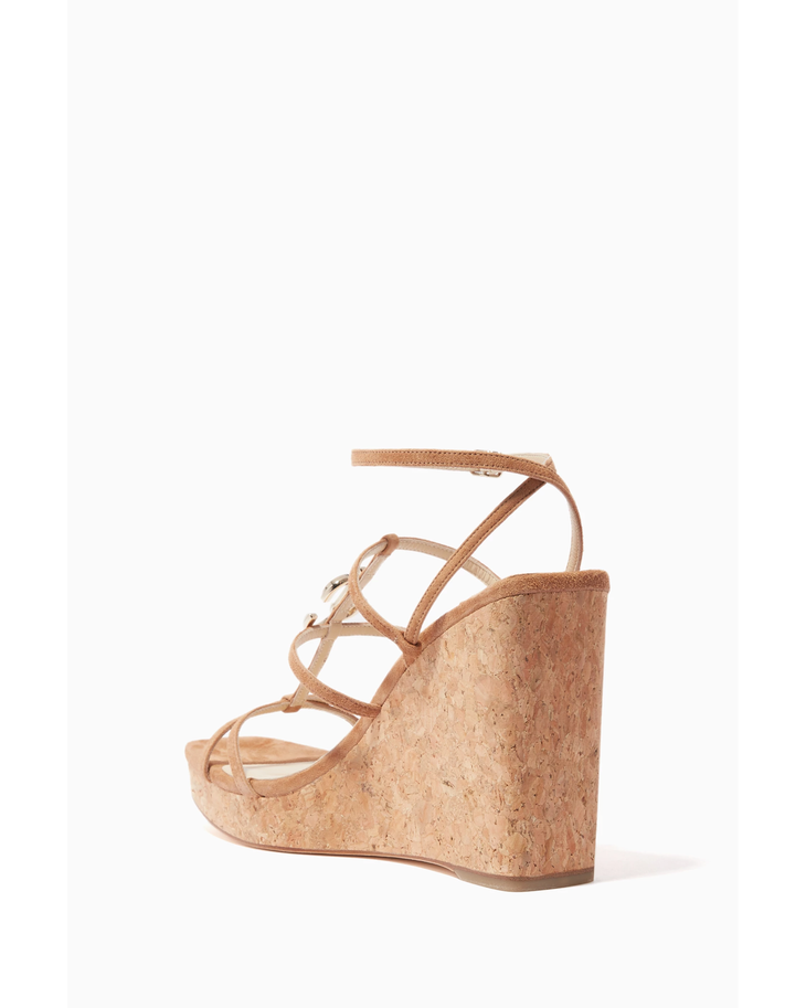 Tan suede wedge sandals with cork platform, strappy design and gold-tone buckle detail — Jimmy Choo | Endless UAE