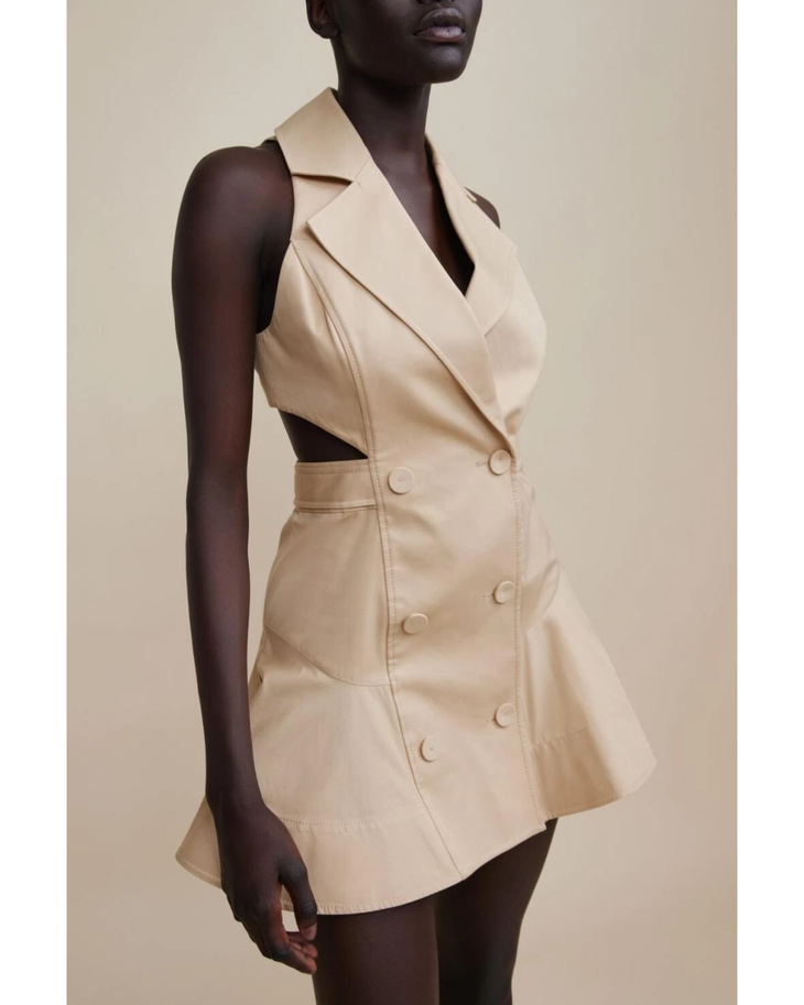 Cream sleeveless blazer dress with double-breasted buttons and flared skirt — Acler | Endless UAE