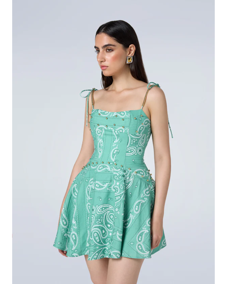 Mint green paisley print mini dress with thin straps and fit-and-flare silhouette — Mayka | Endless UAE
