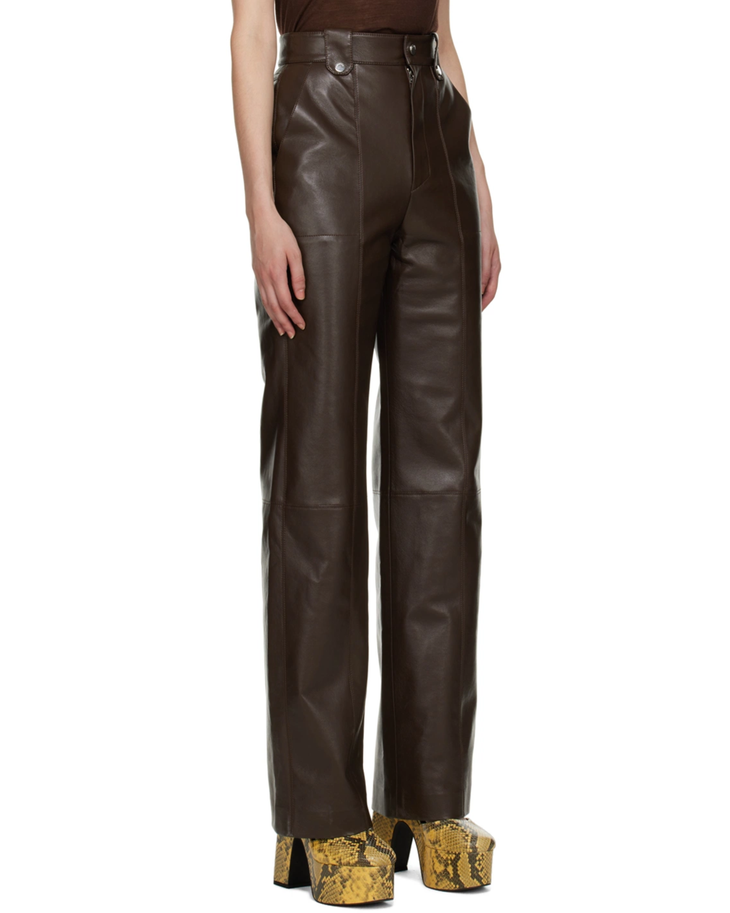 Brown regenerated leather wide-leg pants with high waist and button details — Nanushka | Endless UAE