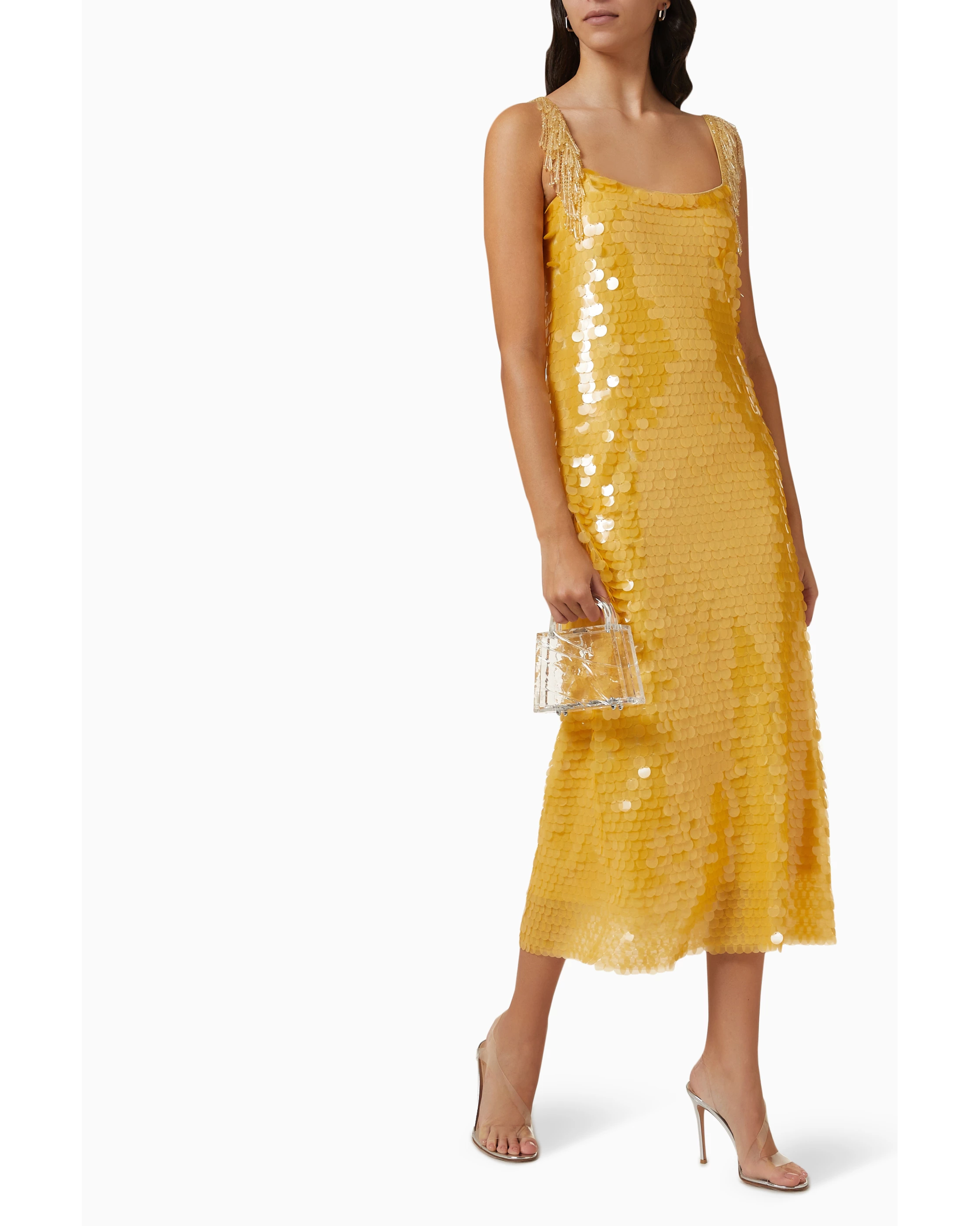 Gold sequin midi dress with beaded straps and scoop neckline — Alexis | Endless UAE