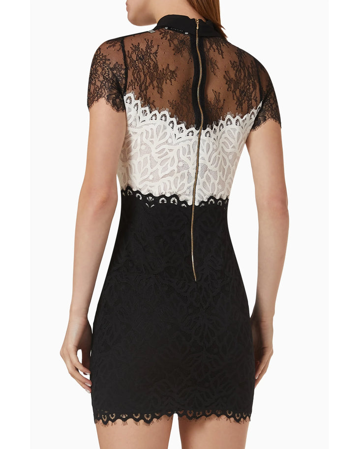Two-tone lace short dress with black bow collar and white lace panel — Sandro | Endless UAE
