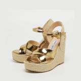Gold metallic foil crisscross espadrille wedge sandals with ankle strap and platform sole — Jimmy Choo | Endless UAE