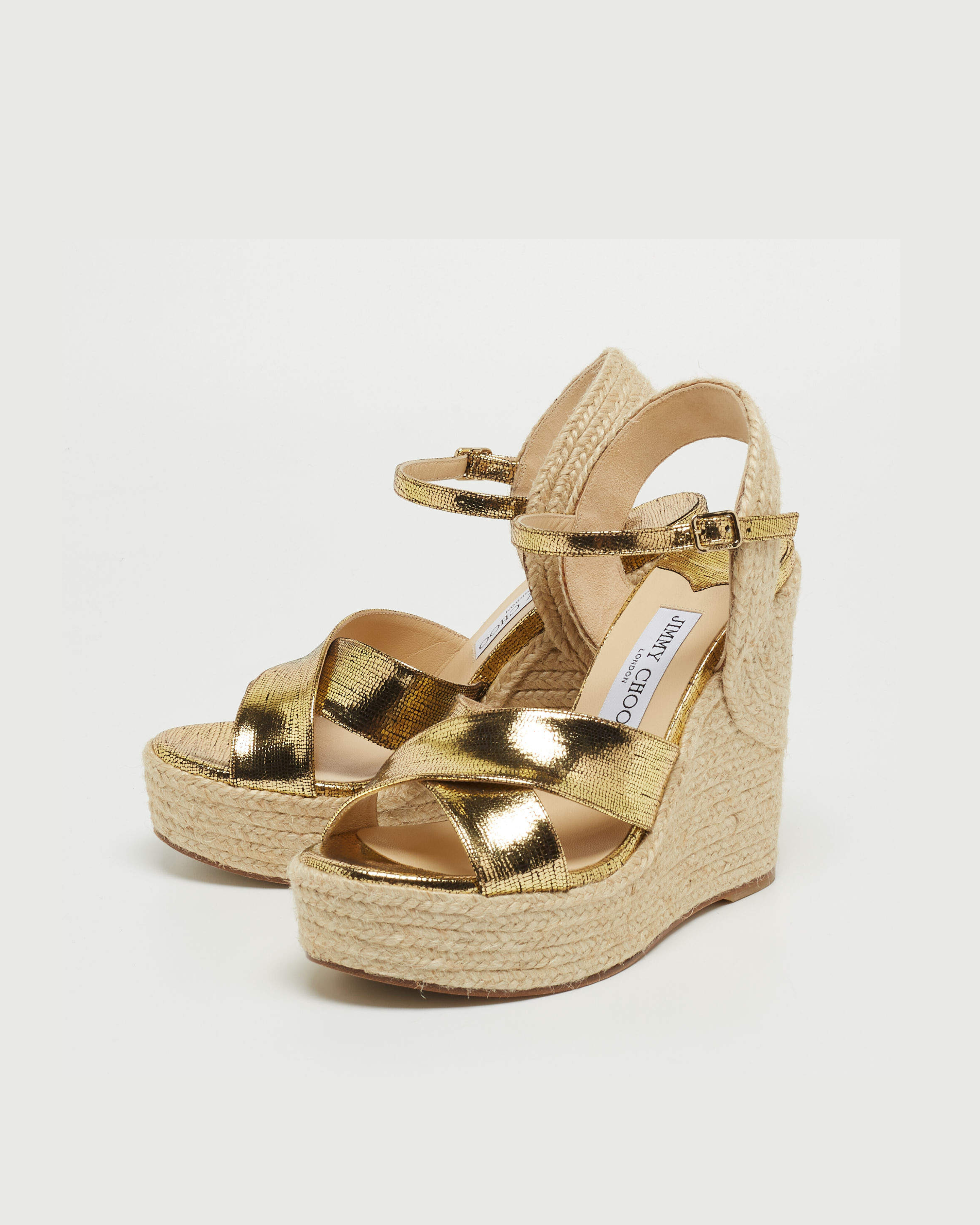 Gold metallic foil crisscross espadrille wedge sandals with ankle strap and platform sole — Jimmy Choo | Endless UAE