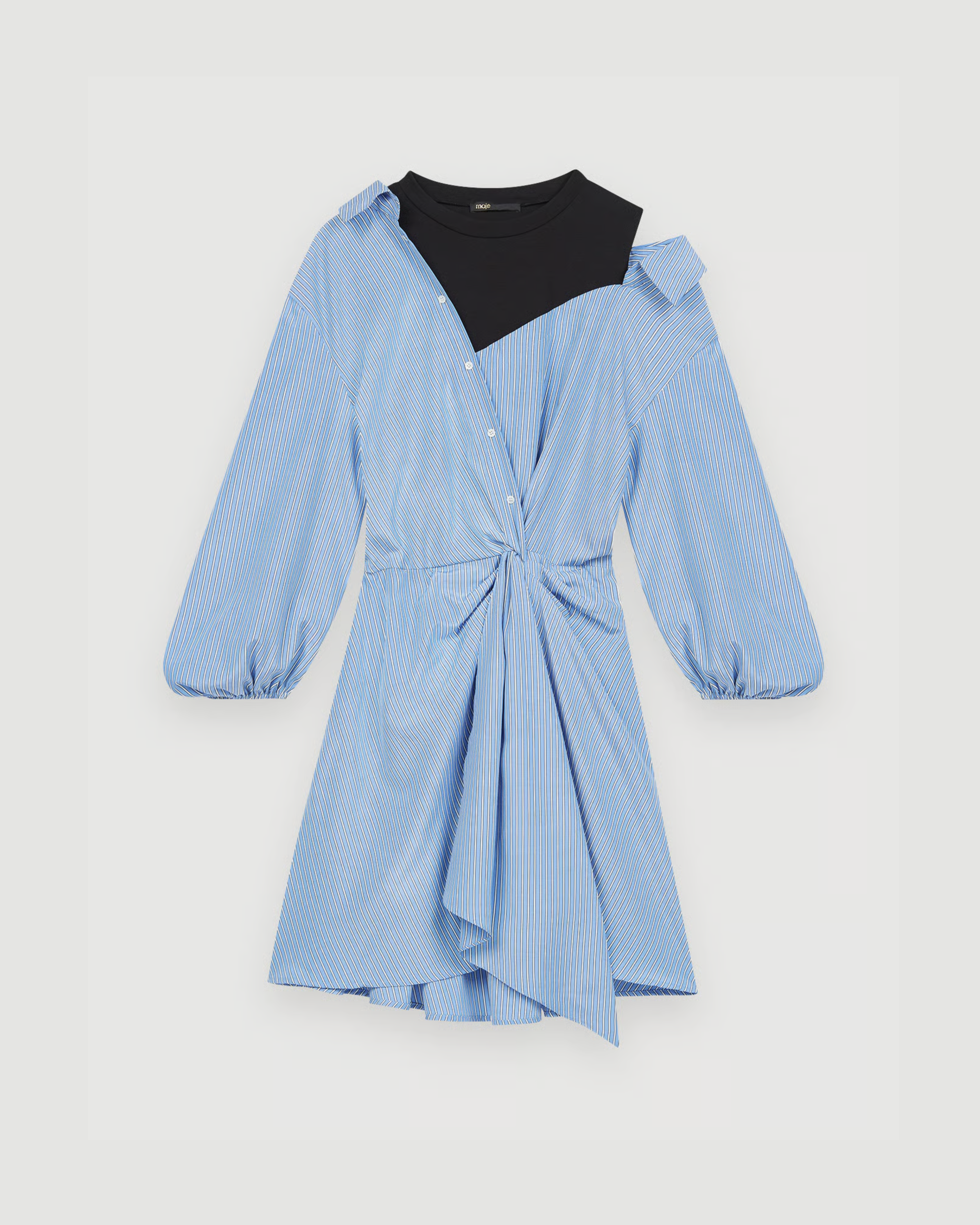 Blue striped shirt dress with cold-shoulder detail and black panel overlay — Maje | Endless UAE