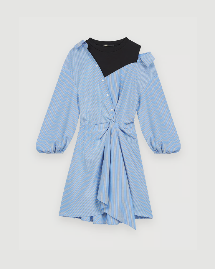 Blue striped shirt dress with cold-shoulder detail and black panel overlay — Maje | Endless UAE