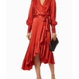 Red silk wrap midi dress with long sleeves and asymmetrical hem — Zimmermann | Endless UAE