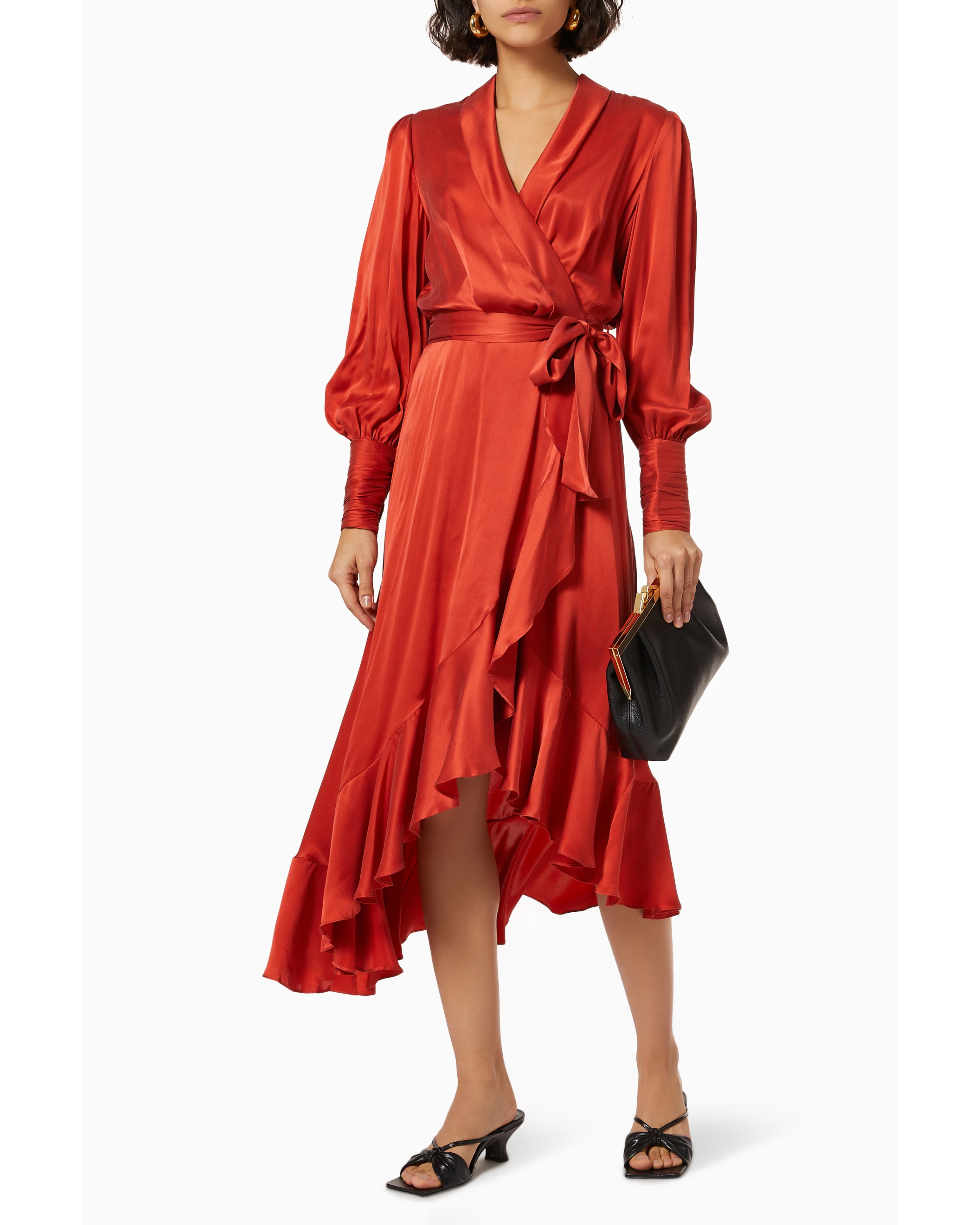 Red silk wrap midi dress with long sleeves and asymmetrical hem — Zimmermann | Endless UAE