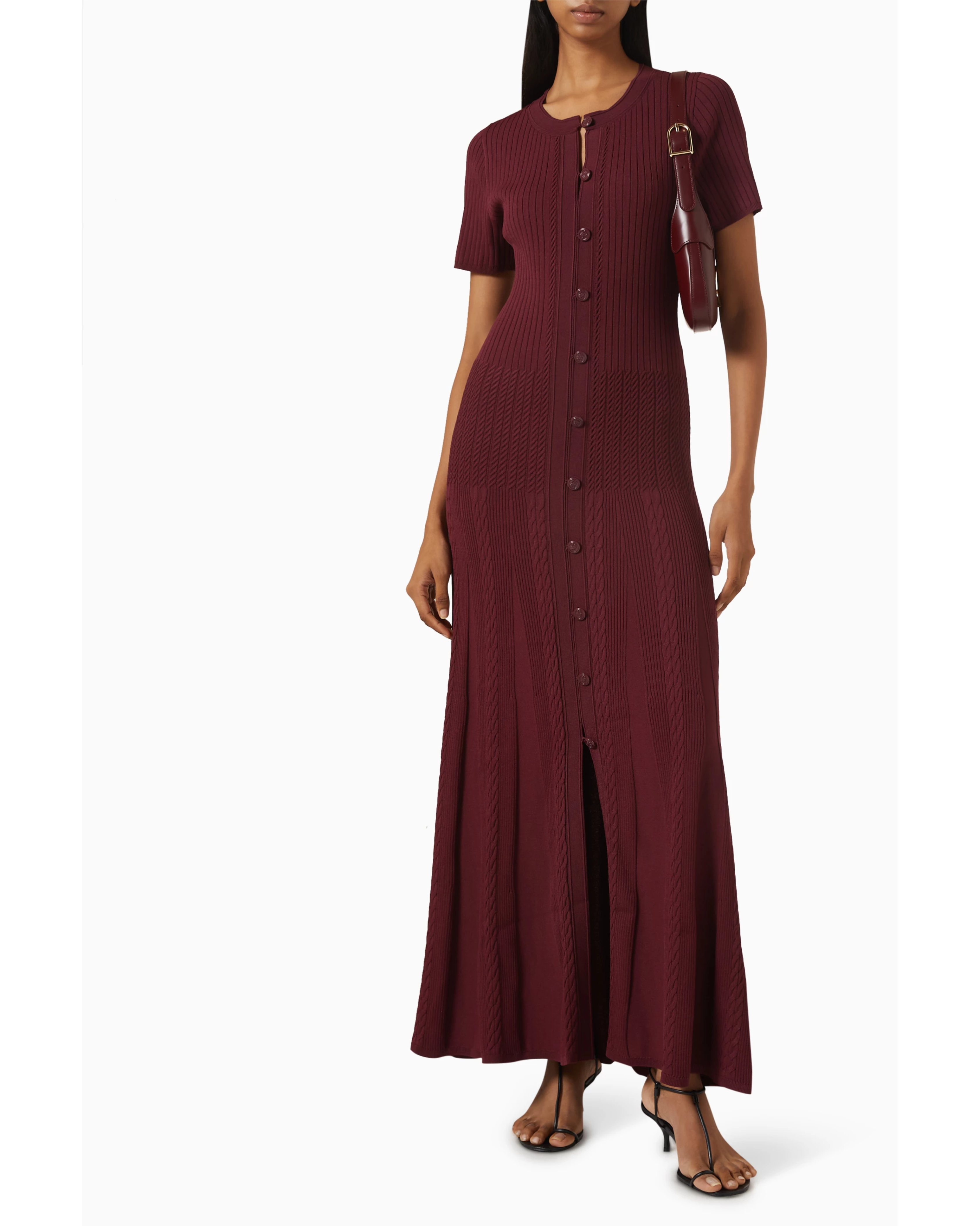 Burgundy ribbed maxi dress with short sleeves and button front closure — Sandro | Endless UAE