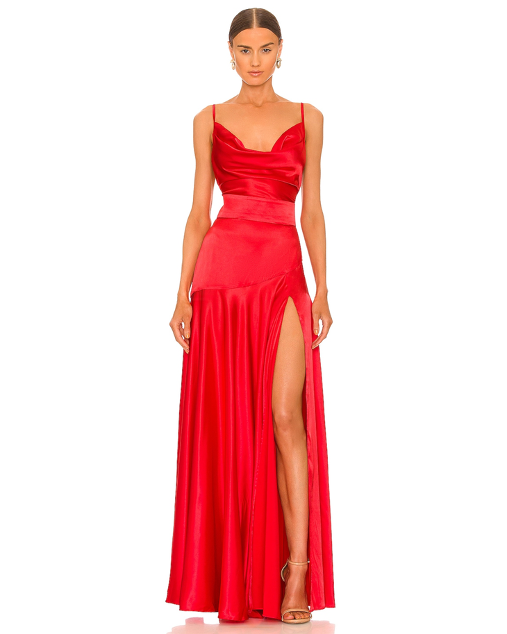 Red satin maxi dress with cowl neckline and high slit — Bronx & Banco | Endless UAE