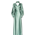 Woman in deep sea foam silky bias-cut gown with draped sleeve detail — Vasiliki | Endless UAE