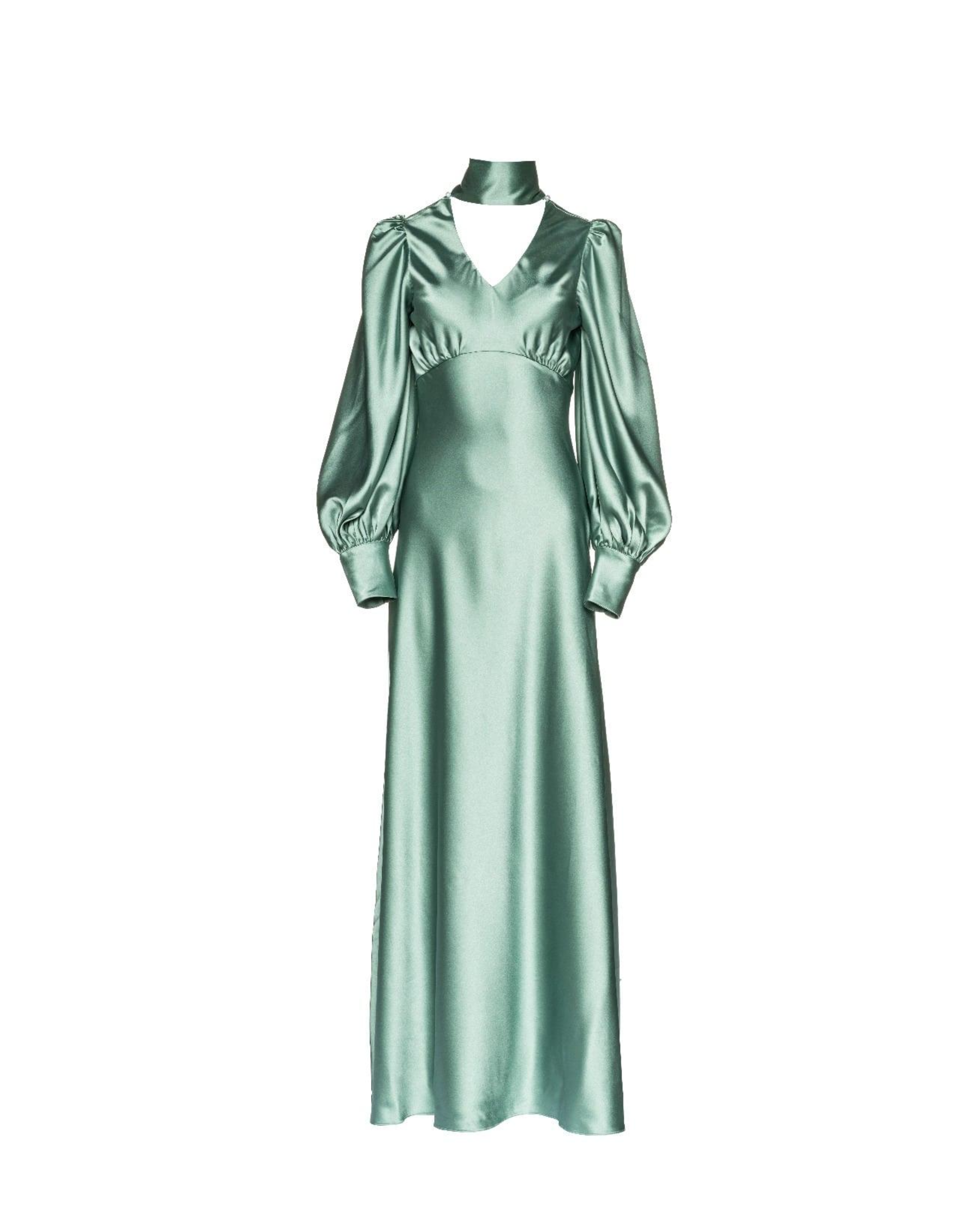 Woman in deep sea foam silky bias-cut gown with draped sleeve detail — Vasiliki | Endless UAE