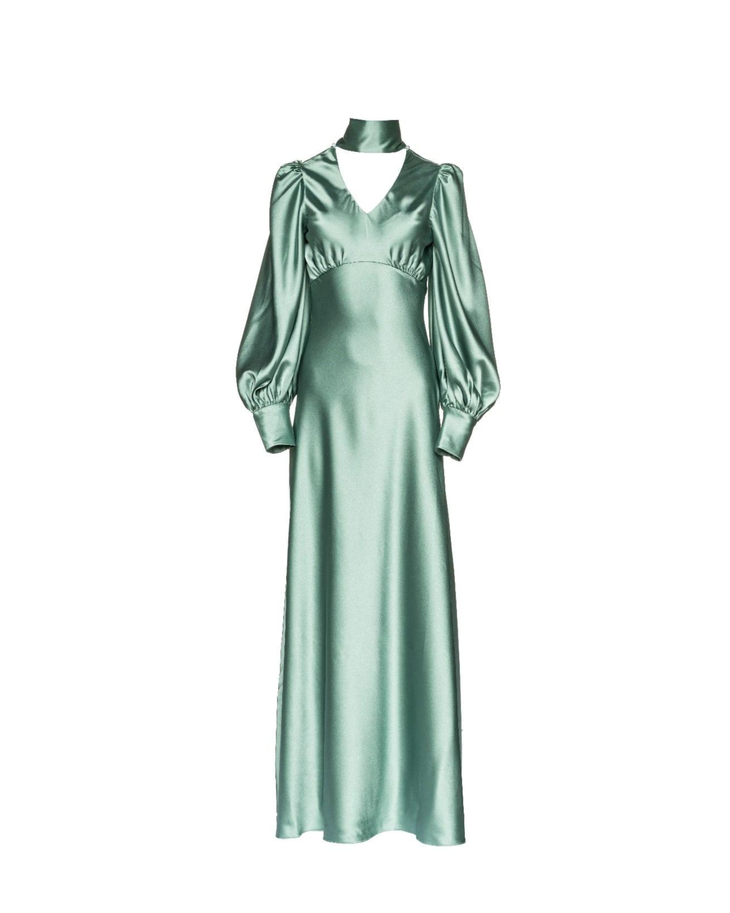 Woman in deep sea foam silky bias-cut gown with draped sleeve detail — Vasiliki | Endless UAE