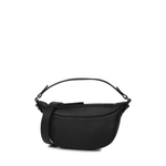 Black leather mini shoulder bag with textured finish held open to show interior — By Far | Endless UAE