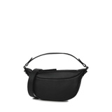 Black leather mini shoulder bag with textured finish held open to show interior — By Far | Endless UAE