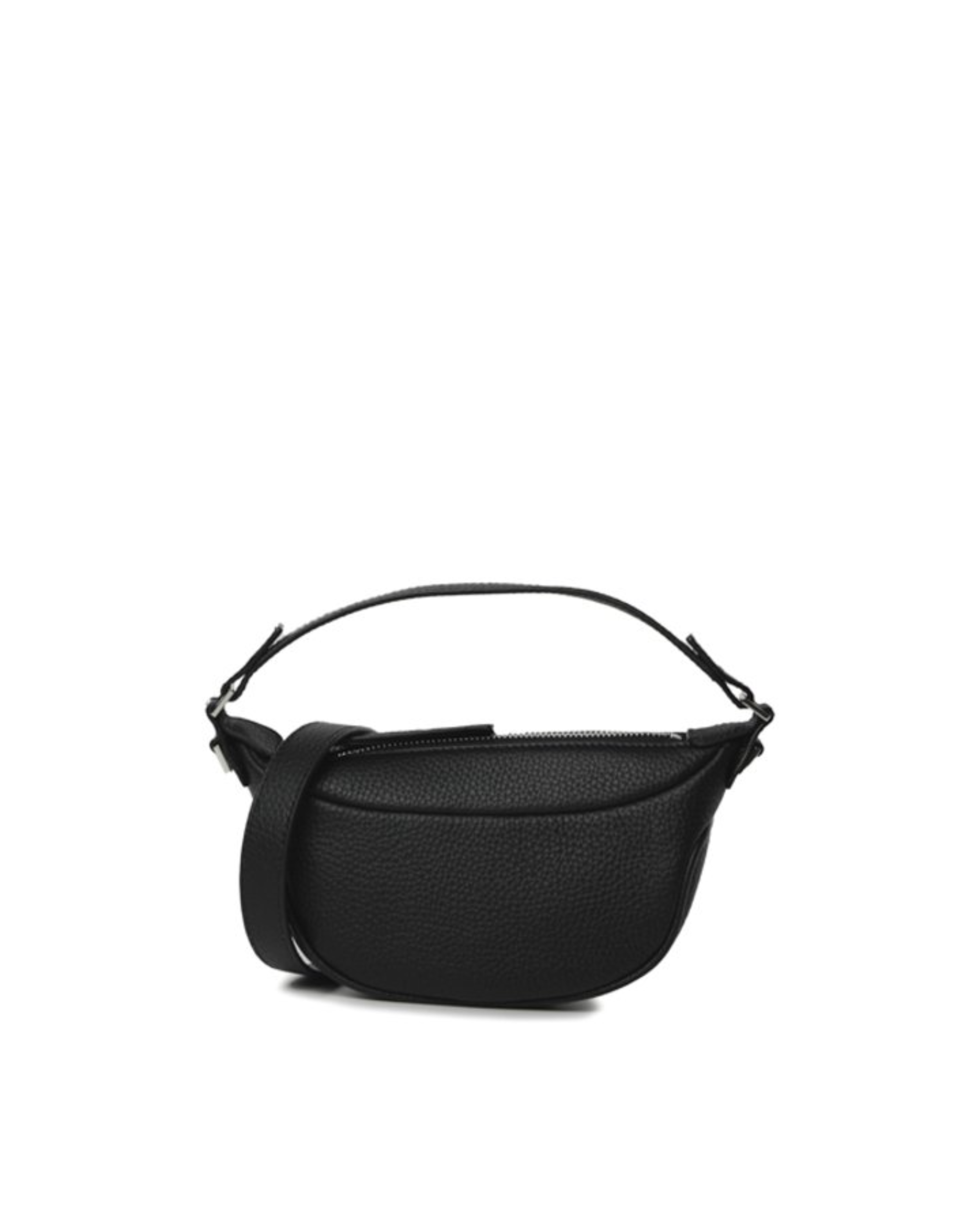 Black leather mini shoulder bag with textured finish held open to show interior — By Far | Endless UAE