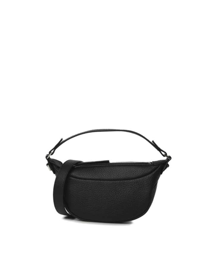 Black leather mini shoulder bag with textured finish held open to show interior — By Far | Endless UAE