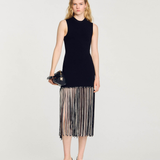 Black sleeveless midi dress with fringe hem detail — Sandro | Endless UAE