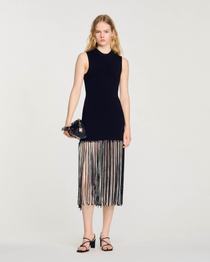 Black sleeveless midi dress with fringe hem detail — Sandro | Endless UAE