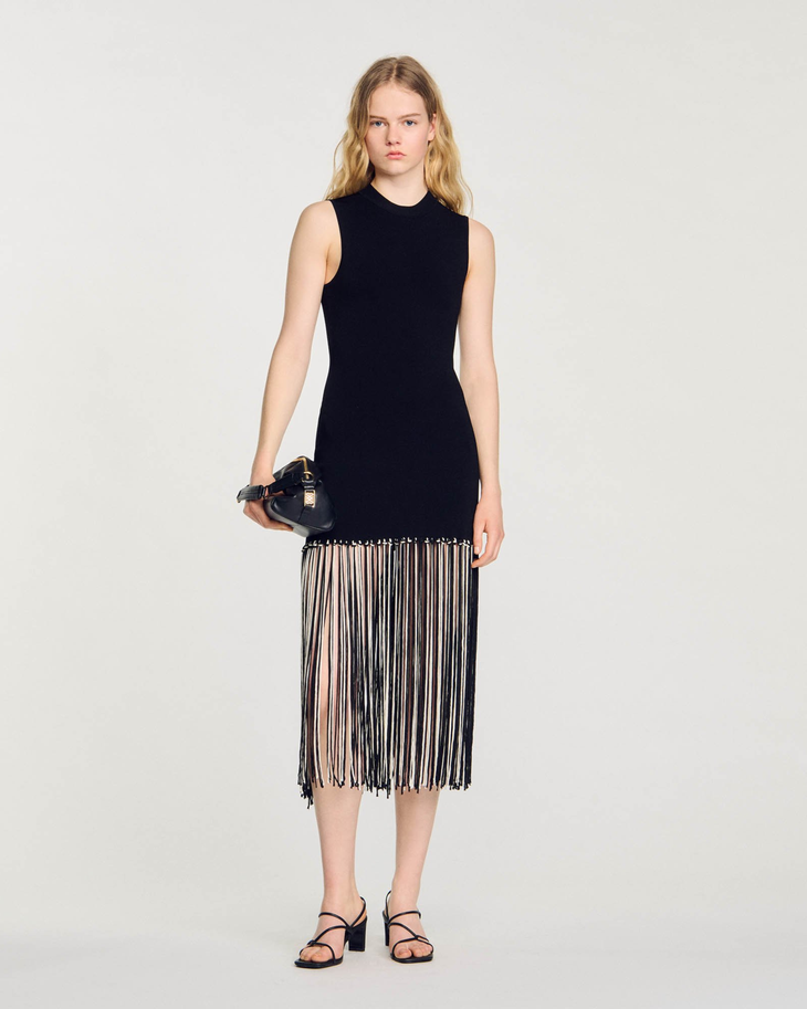 Black sleeveless midi dress with fringe hem detail — Sandro | Endless UAE